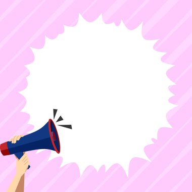 Hand Holding Megaphone With Speech Box Presenting Important Messages.