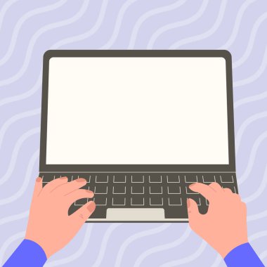 Hands typing text on keyboard. Laptop screen with important information.