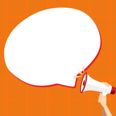 Hand Holding Megaphone With Speech Box Presenting Important Messages.