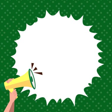 Hand Holding Megaphone With Speech Box Presenting Important Messages.