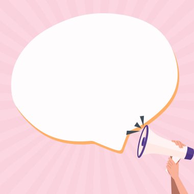 Hand Holding Megaphone With Speech Box Presenting Important Messages.