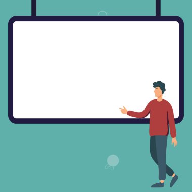 Man shows information on whiteboard. Finger pointing to table with words.