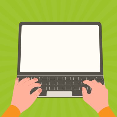 Hands typing text on keyboard. Laptop screen with important information.