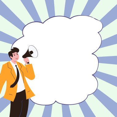 Businessman Show Message with megaphone. Displayed With Drawings Around.