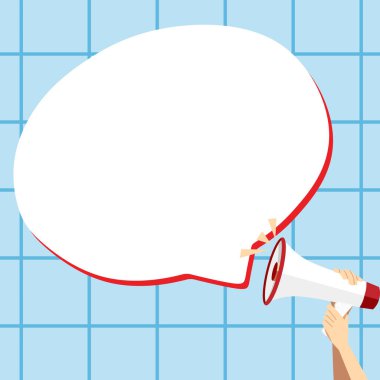 Hand Holding Megaphone With Speech Box Presenting Important Messages.