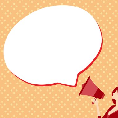 Woman Presenting Text with megaphone. Dialog box on brihgt background.