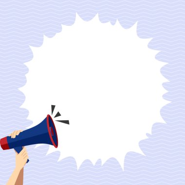 Hand Holding Megaphone With Speech Box Presenting Important Messages.