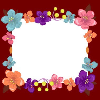 Red Blank Square Frame Decorated With Colorful Flowers And Foliage