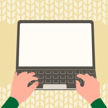 Hands typing text on keyboard. Laptop screen with important information.