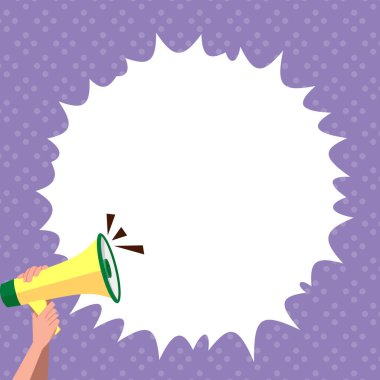 Hand Holding Megaphone With Speech Box Presenting Important Messages.