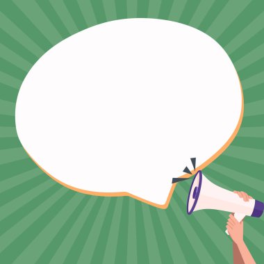 Hand Holding Megaphone With Speech Box Presenting Important Messages.