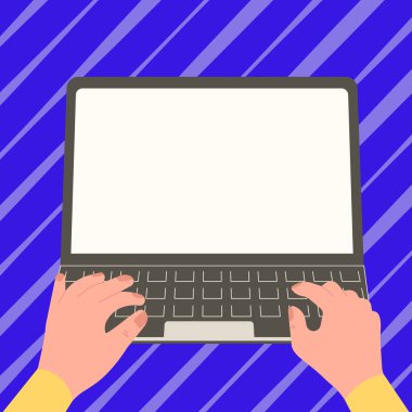 Hands typing text on keyboard. Laptop screen with important information.
