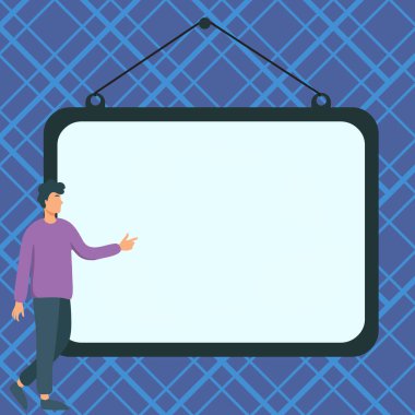 Man shows information on whiteboard. Finger pointing to table with words.