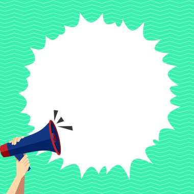 Hand Holding Megaphone With Speech Box Presenting Important Messages.