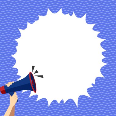 Hand Holding Megaphone With Speech Box Presenting Important Messages.