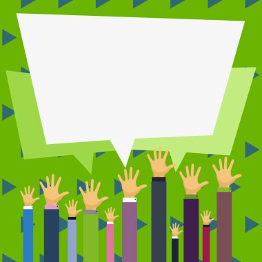 Hands pointing to whiteboard with information. Empty speech bubble.