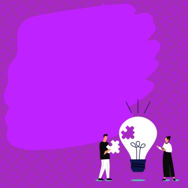 Man and woman standing near big bulb. Two People Displaying Recent Updates.