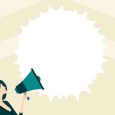 Woman Presenting Text with megaphone. Dialog box on brihgt background.