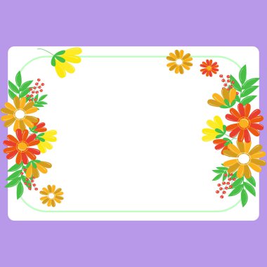 Blank purple Frame Decorated With Colorful Flowers And Foliage