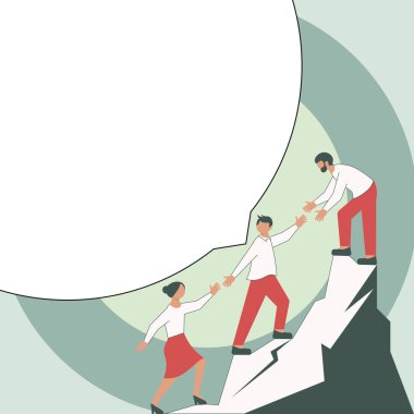 Thee Colleagues Climbing Upwards Mountain.White blank place for text.