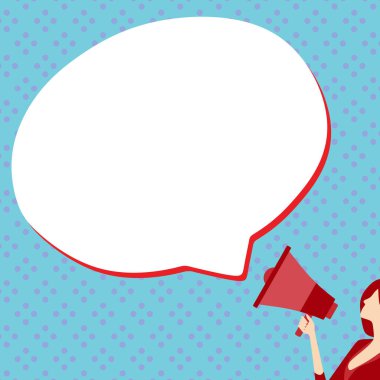Woman Presenting Text with megaphone. Dialog box on brihgt background.