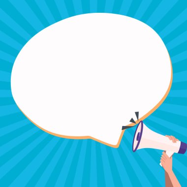 Hand Holding Megaphone With Speech Box Presenting Important Messages.