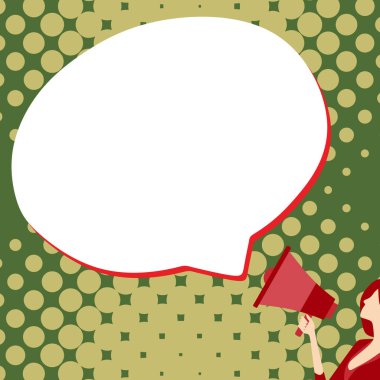 Woman Presenting Text with megaphone. Dialog box on brihgt background.