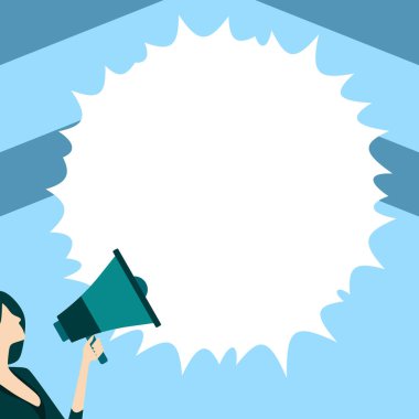 Woman Presenting Text with megaphone. Dialog box on brihgt background.