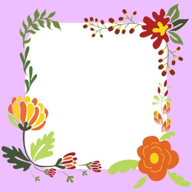 Purple Text Frame Surrounded With Assorted Flowers Hearts And Leaves.