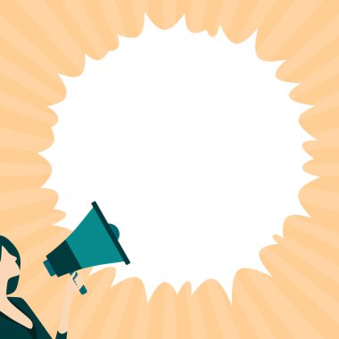 Woman Presenting Text with megaphone. Dialog box on brihgt background.
