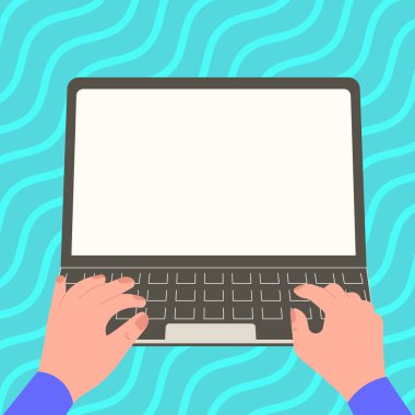 Hands typing text on keyboard. Laptop screen with important information.