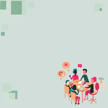 People in office discussing news. Place for text on colored background.