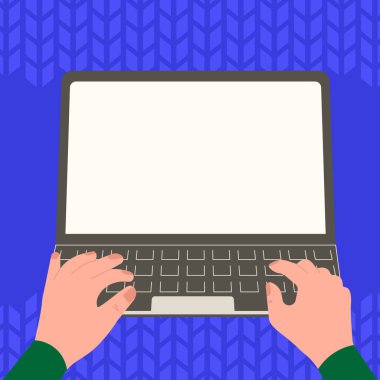 Hands typing text on keyboard. Laptop screen with important information.