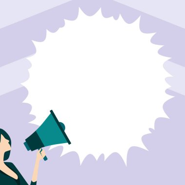 Woman Presenting Text with megaphone. Dialog box on brihgt background.
