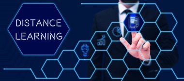 Text caption presenting Distance Learning, Internet Concept educational lectures broadcasted over the Internet remotely