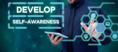 Handwriting text Develop Self Awareness, Business overview Improve sharp realization of ones personality