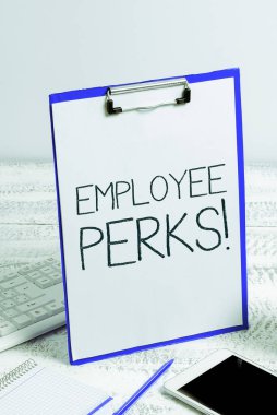 Conceptual caption Employee Perks, Business approach Worker Benefits Bonuses Compensation Rewards Health Insurance