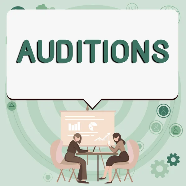 Hand Writing Sign Auditions Concept Meaning Trial Performance Appraise Entertainers — Fotografia de Stock