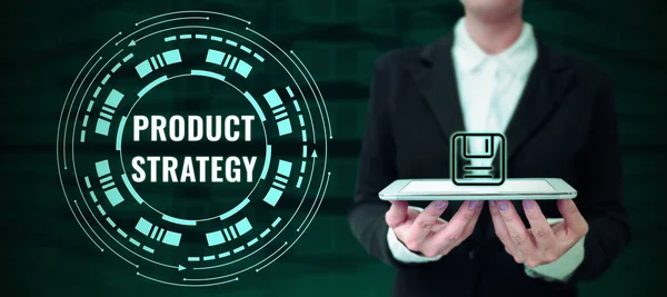 Tekstbord Met Productstrategie Ondernemingsoverzicht Lange Termijn Planontwikkeling Van Succesvolle Productproductie — Stockfoto