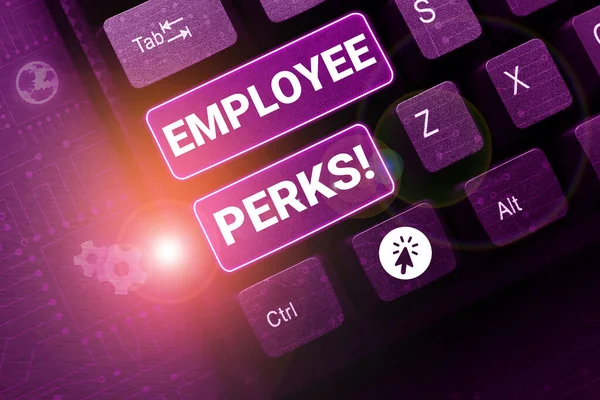 Legenda Texto Apresentando Regalias Dos Empregados Bônus Benefícios Word Worker — Fotografia de Stock