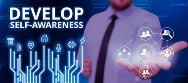 Text caption presenting Develop Self Awareness, Business approach Improve sharp realization of ones personality