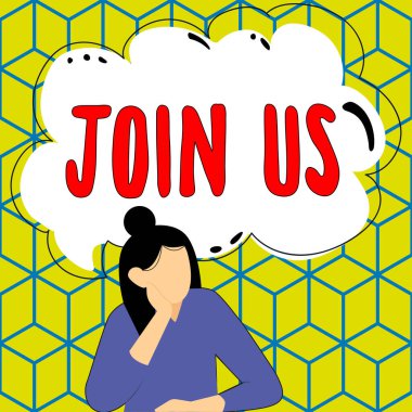 Metin gösterimi yazılıyor Bize Katıl, İnternet Konsepti Toplum Takımına Kaydolma veya blog Sosyal medyaya kaydolma