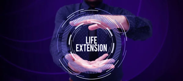 Text caption presenting Life Extension, Business approach able to continue working for longer than others of the same kind