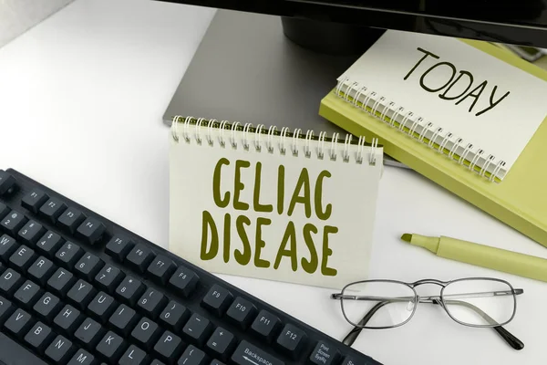 Text Caption Presenting Celiac Disease Word Written Small Intestine Hypersensitive — Stock Photo, Image