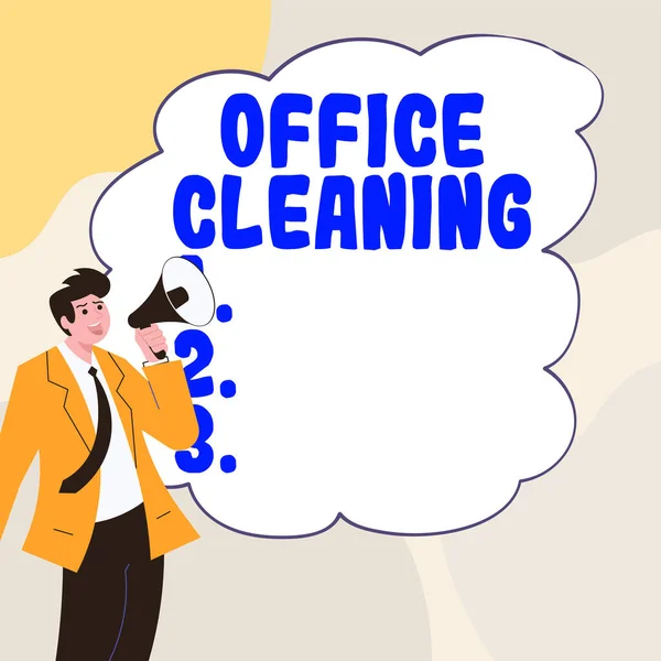 手書きのサインオフィスの清掃 単語オフィスビルの内部を清掃する行為やプロセスについて書かれています — ストック写真