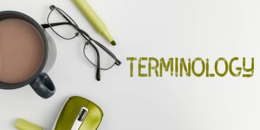 Text caption presenting Terminology, Business showcase Terms used with particular technical application in studies