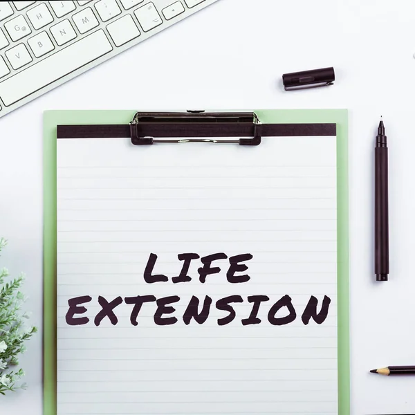 Text sign showing Life Extension, Business overview able to continue working for longer than others of the same kind