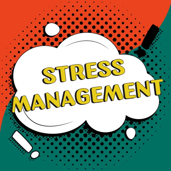 Text caption presenting Stress Management, Business approach learning ways of behaving and thinking that reduce stress