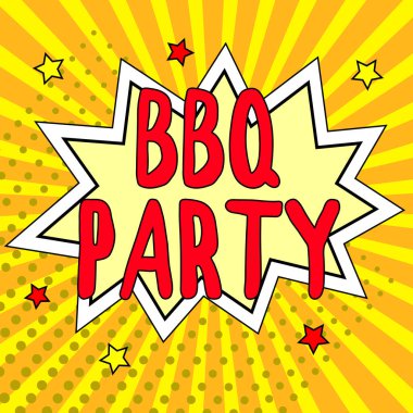Writing displaying text Bbq Party, Word for usually done outdoors by smoking meat over wood or charcoal