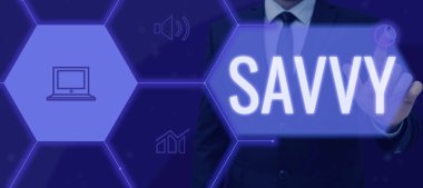 İlham veren Savvy, İş Fikri 'ni gösteren metin. Pratik konularda algı, anlayış var.